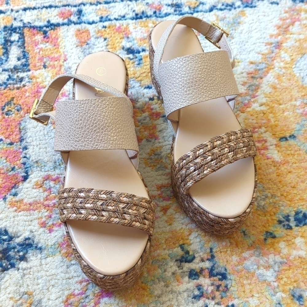 Kaanas Montpellier Leather Open Toe Sling Back Braided Espadrille Wedge Sandal 8